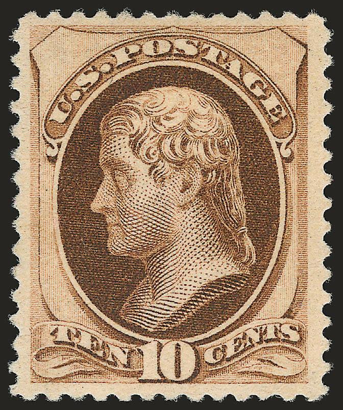 10c Brown, Without Secret Mark (187).> Original gum, lightly hinged, brilliant color on crisp paper, proof-like impression, choice centering with wide margins<><>^EXTREMELY FINE. A BEAUTIUL LIGHTLY-HINGED
EXAMPLE OF THE 10-CENT 1879 AMERICAN BANK N