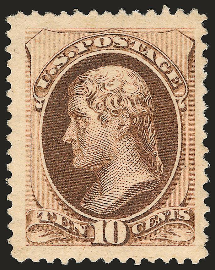 10c Brown, With Secret Mark (188).> Original gum, lightly hinged, Jumbo margins all around, deep rich color and proof-like impression<><>^EXTREMELY FINE GEM. THE 10-CENT 1879 AMERICAN BANK NOTE ISSUE IS RARELY
SEEN WITH SUCH UNIFORMLY WIDE MARGINS.