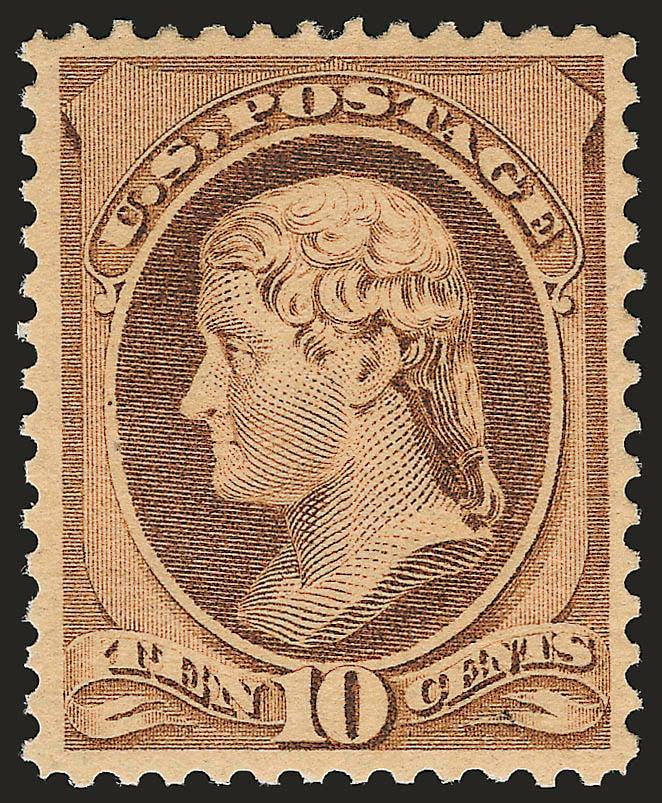 10c Brown (209).> Mint N.H., intense shade and proof-like impression, gorgeous centering with well-balanced margins<><>^EXTREMELY FINE. A BEAUTIFUL MINT NEVER-HINGED EXAMPLE OF THE 10-CENT 1882 10-CENT
RE-ENGRAVED ISSUE.^<><>With 1995 P.F. certif