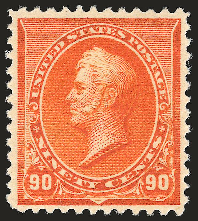 90c Orange (229).> Mint N.H., blazing color on crisp paper, wide margins<><>^VERY FINE AND CHOICE MINT NEVER-HINGED EXAMPLE OF THE 90-CENT 1890 SMALL BANK NOTE ISSUE.^<><>Ex McKinney. With 1989 P.F. certificate
for pair.