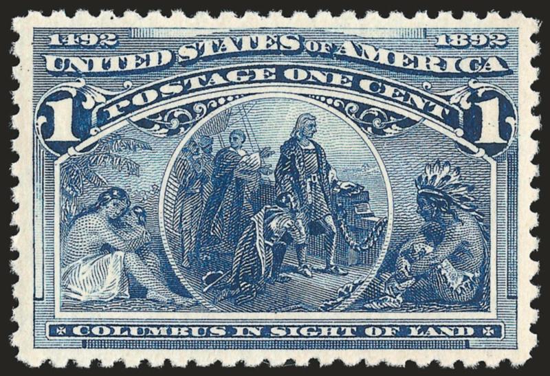 1c Columbian (230).> Mint N.H., brilliant color and unusually detailed impression showing every nuance of the engraving, almost perfectly centered, Extremely Fine Gem, with 1987 P.F. certificate