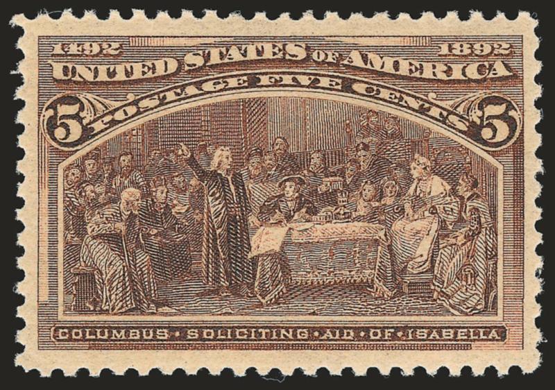 5c Columbian (234).> Mint N.H., intense shade and proof-like impression, choice centering with Jumbo margins<><>^EXTREMELY FINE GEM. A MAGNIFICENT JUMBO-MARGINED MIN NEVER-HINGED EXAMPLE OF THE 5-CENT
COLUMBIAN.^<><>With 1995 P.F. and 2007 P.S.E.