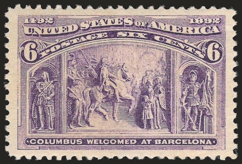 6c Columbian (235).> Mint N.H., beautiful warm color and unusually detailed impression, perfectly centered with Jumbo margins<><>^EXTREMELY FINE GEM. A SUPERB MINT NEVER-HINGED EXAMPLE OF THE 6-CENT COLUMBIAN.
SCARCE IN SUCH EXQUISITE CONDITION.^<