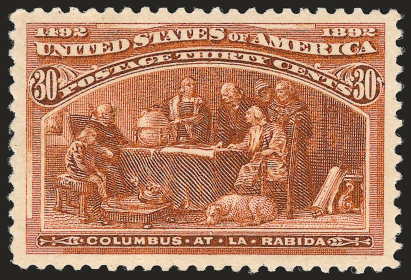30c Columbian (239).>  Mint N.H., intense color and detailed impression on immaculate fresh paper, beautifully centered with wide and well-balanced margins<><>^EXTREMELY FINE GEM. A SUPERB MINT NEVER-HINGED
EXAMPLE OF THE 30-CENT COLUMBIAN ISSUE, W
