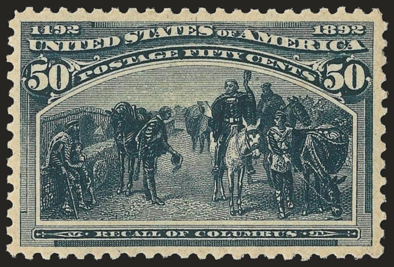 50c Columbian (240).> Mint N.H., exceptional color in a deep shade, proof-like impression, well-balanced margins<><>^EXTREMELY FINE. A BEAUTIFUL MINT NEVER-HINGED EXAMPLE OF THE 50-CENT COLUMBIAN.^<><>With 1994
P.S.E. certificate