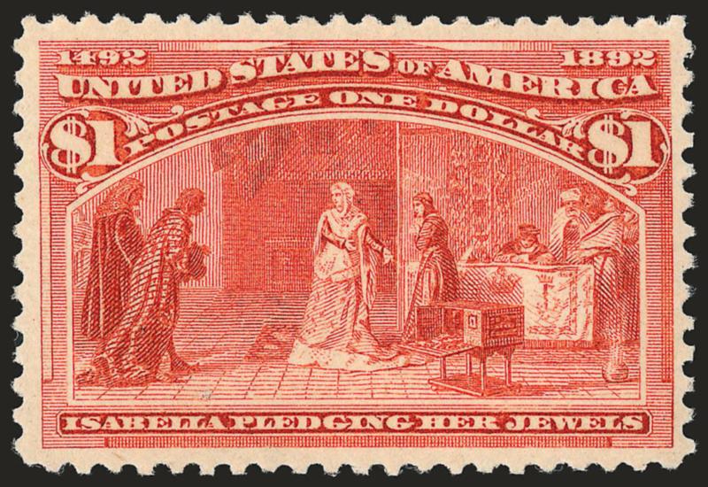 $1.00 Columbian (241).> Mint N.H., radiant color on bright paper, well-proportioned margins<><>^EXTREMELY FINE. A BEAUTIFUL AND FRESH MINT NEVER-HINGED EXAMPLE OF THE $1.00 COLUMBIAN.^<><>With 1990 and 2007
P.F. certificates