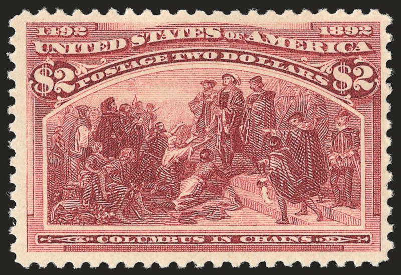 $2.00 Columbian (242).> Mint N.H., deep rich color on sharp proof-like impression, wide margins<><>^VERY FINE AND CHOICE. A BEAUTIFUL MINT NEVER-HINGED EXAMPLE OF THE $2.00 COLUMBIAN.^<><>With 1993 P.S.E. and
1999 and 2007 P.F. certificates