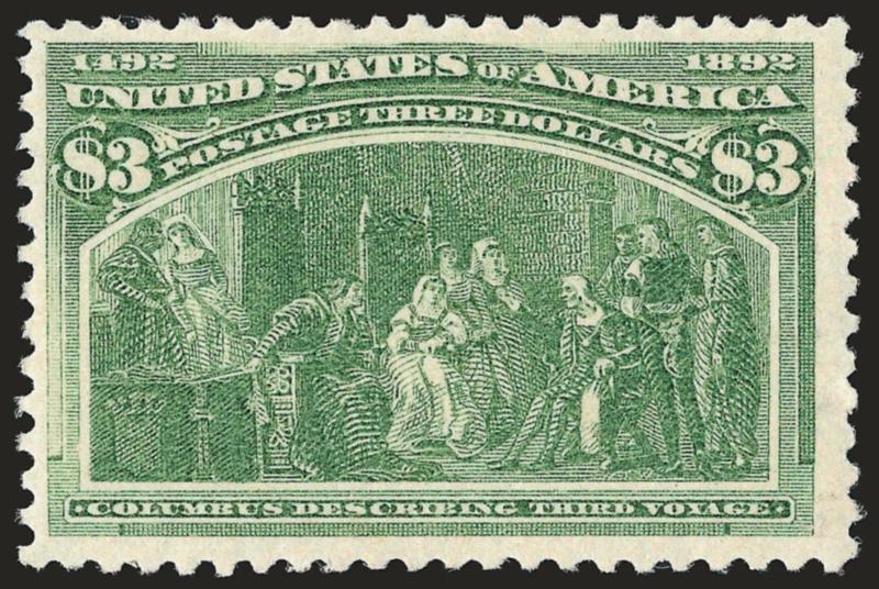 $3.00 Columbian (243).> Original gum, barest trace of hinging, brilliant color on bright paper, fresh and Fine, with 1989 P.S.E. and 2007 P.F. certificates