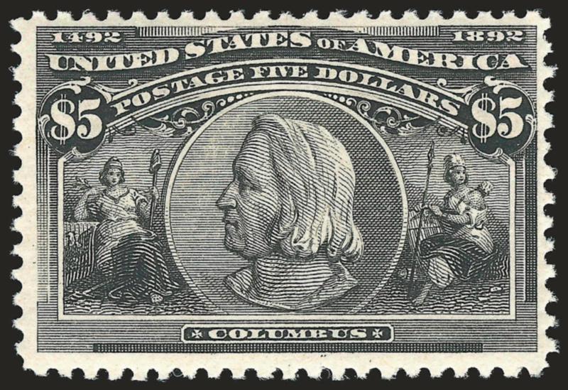 $5.00 Columbian (245).> Mint N.H., intense shade on bright paper<><>^VERY FINE. A RARE MINT NEVER-HINGED EXAMPLE OF THE $5.00 COLUMBIAN.^<><>We surveyed dozens of auction catalogues, searching for Mint
Never-Hinged examples of the $5.00 Columbian