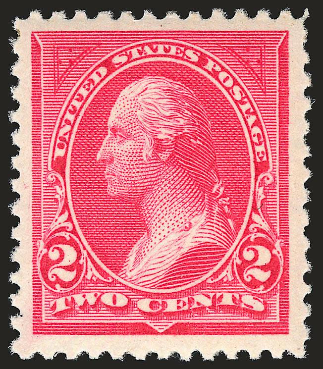 2c Carmine, Ty. I (250).> Mint N.H., brilliant color on bright paper, choice centering with Jumbo margins, single tiny natural perf disc on gum at bottom (not mentioned on accompanying certificate), Extremely
Fine , with 1990 P.F. certificate