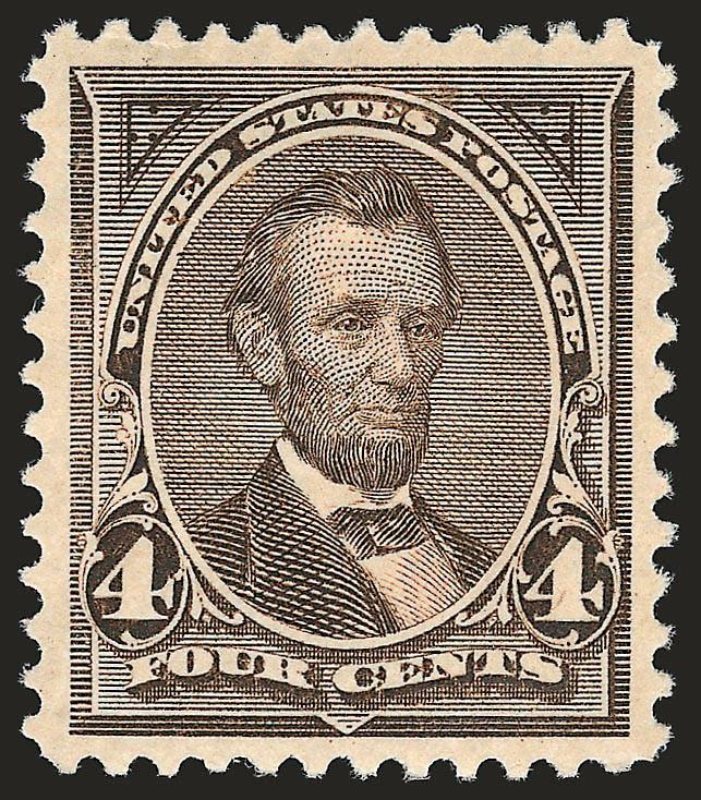 4c Dark Brown (254).> Mint N.H., deep rich color on bright paper, proof-like impression, beautifully centered with wide and balanced margins all around, long and full perforations<><>^EXTREMELY FINE GEM. A
STUNNING MINT NEVER-HINGED EXAMPLE OF THE