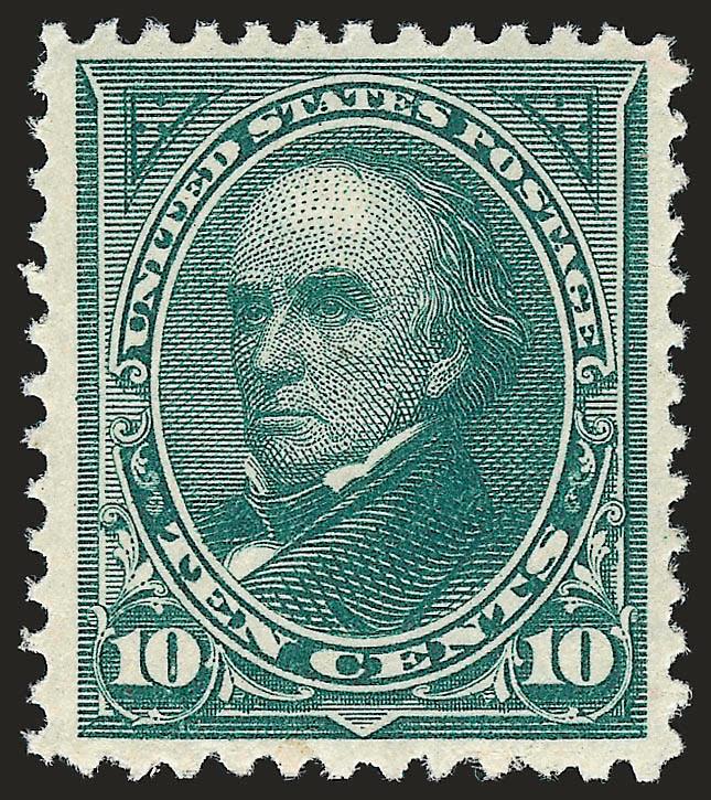 10c Dark Green (258).> Original gum, barely hinged, bright color, single perf tip expertly added at bottom center (not mentioned on accompanying certificate), Very Fine appearance, with copy of 1984 P.F.
certificate for block of four