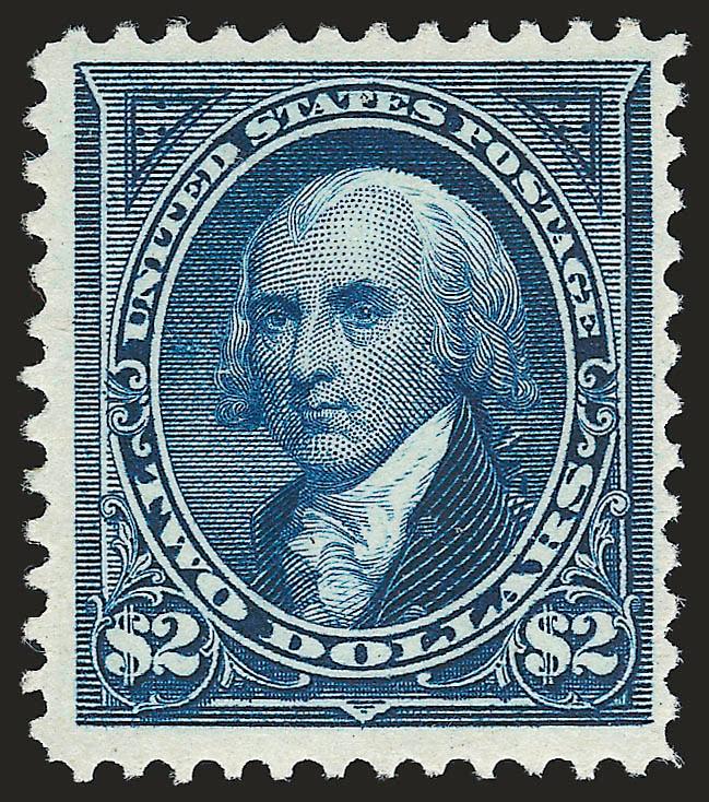 $2.00 Bright Blue (262).> Mint N.H., bright color, detailed impression, wide margins<><>^VERY FINE. A SCARCE MINT NEVER-HINGED EXAMPLE OF THE $2.00 UNWATERMARKED BUREAU ISSUE.^<><>We have only sold five others
in Mint N.H. condition since keeping
