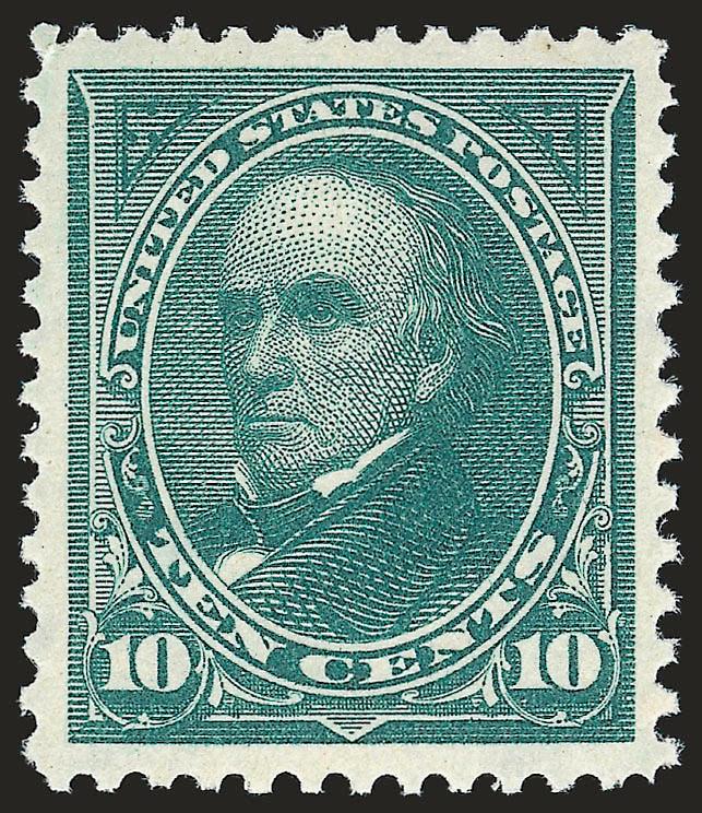 10c Dark Green (273).> Mint N.H., intense shade on bright paper which gives this a stunning appearance, perfectly centered with Jumbo margins<><>^EXTREMELY FINE GEM. A MAGNIFICENT MINT NEVER-HINGED EXAMPLE OF
THE 1895 10-CENT WATERMARKED BUREAU ISS