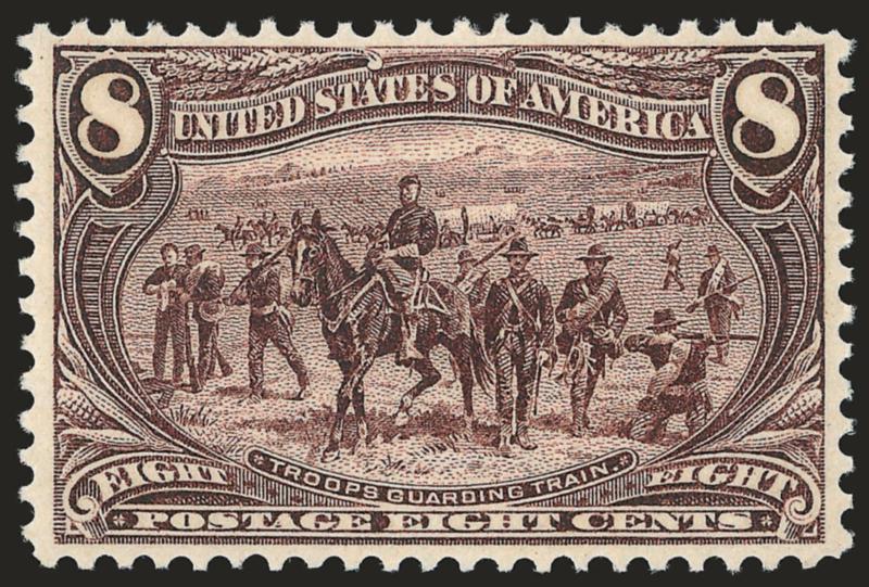 8c Trans-Mississippi (289).> Mint N.H., intense shade, proof-like impression showing every nuance of the engraving, well-proportioned margins, Extremely Fine, with copy of 1985 P.F. certificate for pair