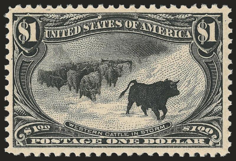 $1.00 Trans-Mississippi (292).> Mint N.H., intense shade and impression on bright paper<><>^VERY FINE AND CHOICE MINT NEVER-HINGED EXAMPLE OF THE $1.00 TRANS-MISSISSIPPI, WHICH HAS BEEN DESCRIBED AS THE MOST
BEAUTIFUL STAMP IN ALL OF UNITED STATES