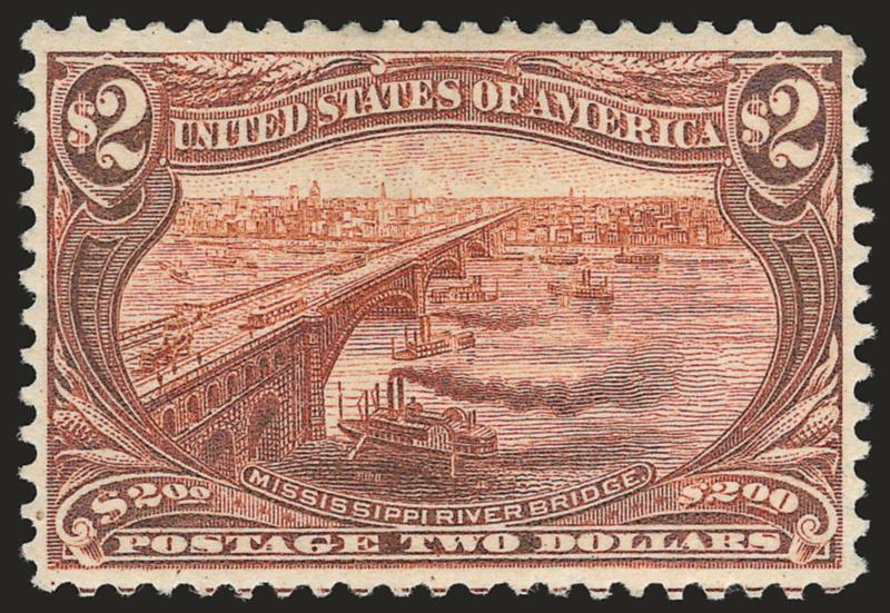 $2.00 Trans-Mississippi (293).> O.g., barest trace of hinging, radiant color, crisp impression, almost perfectly centered with well-proportioned margins<><>^EXTREMELY FINE. A BEAUTIFUL ORIGINAL-GUM AND
WELL-CENTERED EXAMPLE OF THE $2.00 TRANS-MISSI