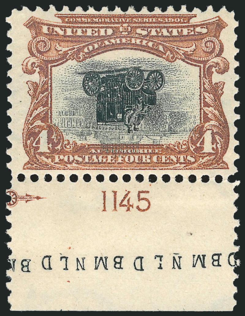 4c Pan-American, Center Inverted (296a).> Original gum which is only lightly hinged, with <plate number 1145 and plate letters in selvage> at bottom, fresh and bright colors, choice centering for this difficult
issue<><>^EXTREMELY FINE. AN EXCEPT