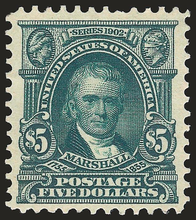 $5.00 Dark Green (313).> Original gum, lightly hinged, deep rich color, proof-like impression, single nibbed perf at top not mentioned on accompanying certificate, Very Fine appearance, with 1985 and 2001 P.F.
certificates
