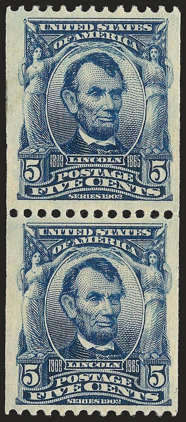 5c Blue, Coil (317).> Pair, lightly hinged, deep rich color and proof-like impression on crisp paper, superbly centered in both directions<><>^FRESH AND EXTREMELY FINE PAIR OF THE RARE 5-CENT 1908 VERTICAL
COIL.^<><>The 5c 1908 Coil stamps, which