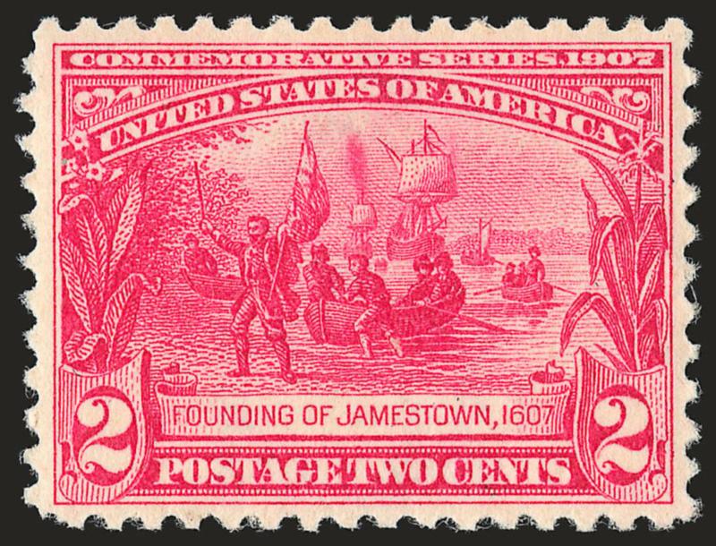2c Jamestown (329).> Mint N.H., vivid color on bright paper, well-proportioned margins, Extremely Fine, a pretty stamp
