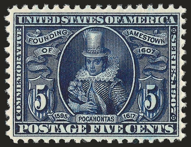 5c Jamestown (330).> Mint N.H., deep rich color and proof-like impression on bright paper, evenly-proportioned margins, Extremely Fine, scarce in such choice condition, with 1995 P.F. certificate