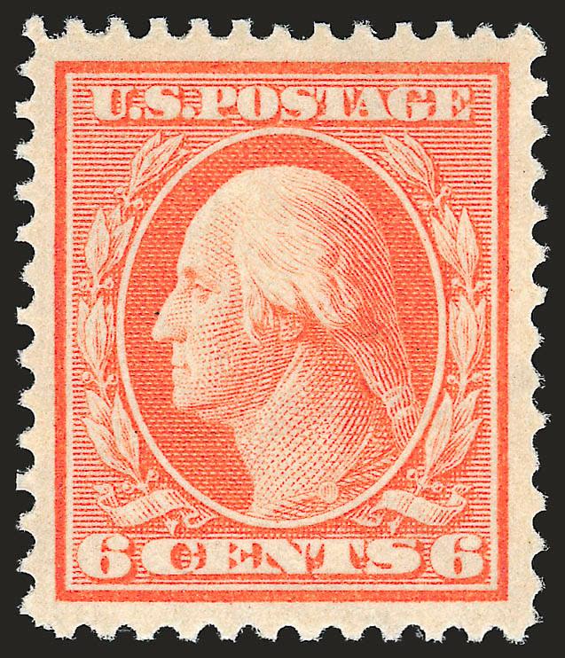 6c Red Orange (336).> Mint N.H., vivid color as fresh as the day it was printed, unusually choice centering with wide and balanced margins<><>^EXTREMELY FINE GEM. A SUPERB MINT NEVER-HINGED EXAMPLE OF THE
6-CENT WASHINGTON, SCOTT 336.^<><>With 19