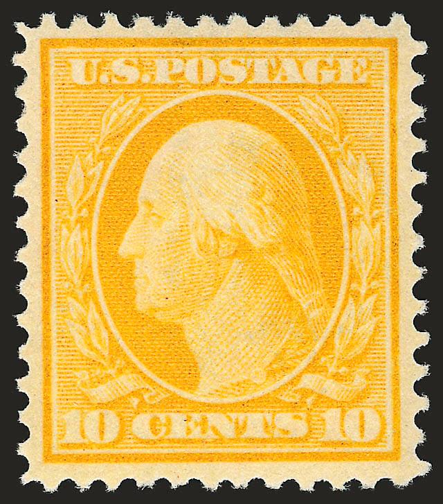 10c Yellow (338).> Mint N.H., radiant color on crisp paper, beautiful centering, fresh and Extremely Fine, with 1997 P.F. and 2007 P.S.E. certificates (XF 90 SMQ $540.00), only four have graded higher to
date