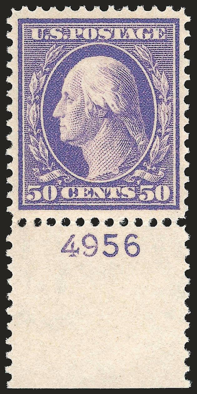 50c Violet (341).> Plate no. 4956 selvage at bottom, barest trace of what may be hinging at bottom left, pretty shade, choice centering, few weak perfs at bottom not mentioned on accompanying certificates,
Extremely Fine, with 1987 and 2007 P.F. cert