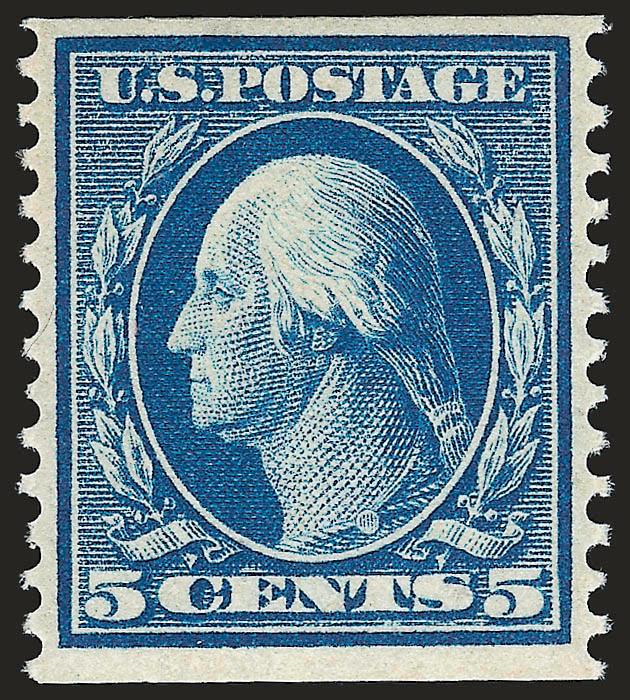 5c Blue, Coil (355).> Mint N.H., bright color, perfectly centered side-to-side, natural perf dimple on gum, Very Fine and choice, with copy of 1990 P.F. certificate for strip of four