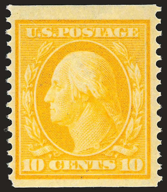 10c Yellow, Coil (356).> Mint N.H., unusually wide margins, vibrant color<><>^VERY FINE AND CHOICE. AN EXCEEDINGLY RARE MINT NEVER-HINGED EXAMPLE OF THE 10-CENT HORIZONTAL COIL, SCOTT 356..^<><>Our computerized
records encompass fourteen years of