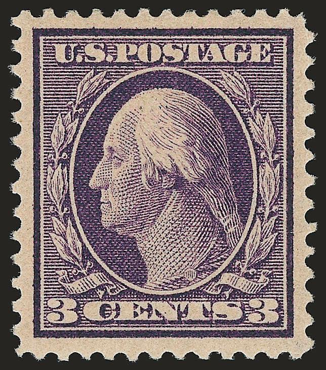 3c Deep Violet, Bluish (359).> Lightly hinged, intense color and proof-like impression on deeply blued paper, exceptional centering for this difficult issue with wide and balanced margins, long and full
perforations all around<><>^EXTREMELY FINE GE