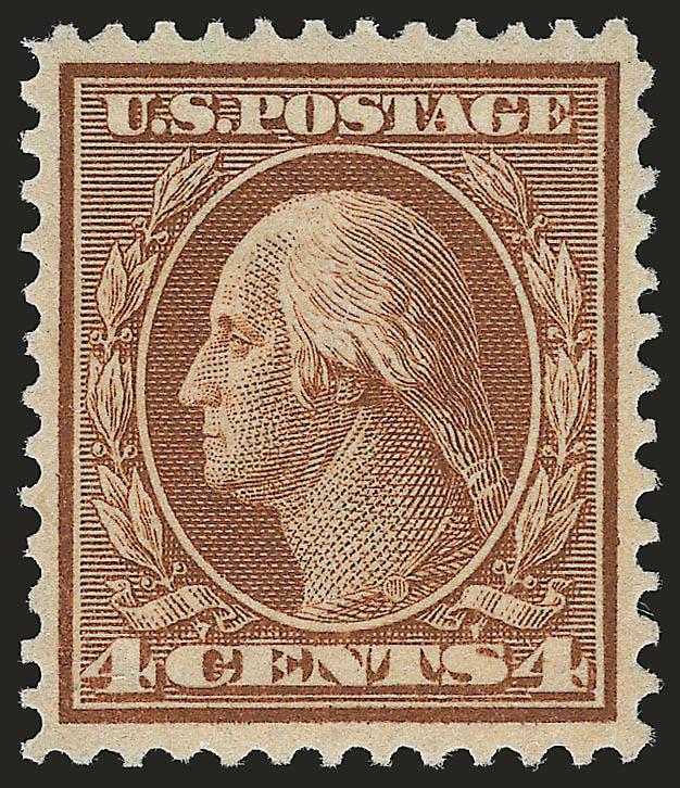 4c Orange Brown, Bluish (360).> Barest trace of hinging, beautiful rich color and sharp proof-like impression on deeply blued paper, spectacularly wide margins all around<><>^EXTREMELY FINE GEM. EASILY ONE OF
THE FINEST RECORDED EXAMPLES OF THE RAR