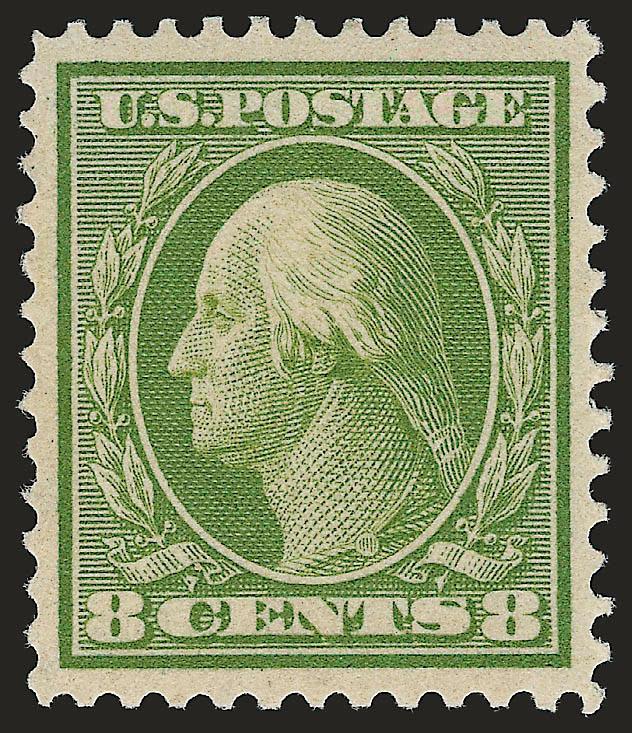8c Olive Green, Bluish (363).> Lightly hinged, choice centering with unusually wide and balanced margins, intense color on deeply blued paper, long and full perforations all around<><>^EXTREMELY FINE GEM. THIS
FANTASTIC STAMP MAY WELL BE THE FINEST