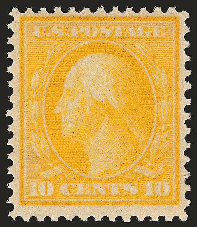 10c Yellow, Bluish (364).> Mint N.H., radiant color on deeply blued paper<><>^VERY FINE AND CHOICE. THE 10-CENT ON BLUISH IS ONE OF THE MOST DIFFICULT VALUES TO OBTAIN IN MINT NEVER-HINGED CONDITION. A GREAT
CONDITION RARITY.^<><>A review of our