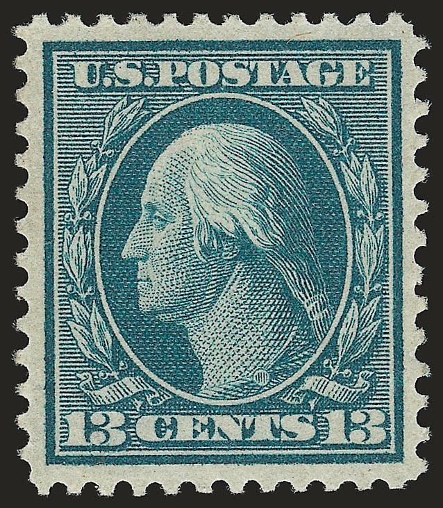 13c Bluish Green, Bluish (365).> Lightly hinged, deep rich color and proof-like impression on nicely blued paper, wide and balanced margins<><>^EXTREMELY FINE. A BEAUTIFUL ORIGINAL-GUM EXAMPLE OF THE 13-CENT ON
BLUISH.^<><>Blue dealers backstamp