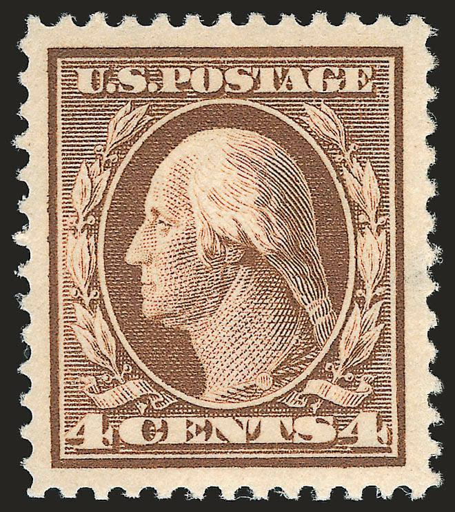4c Brown (377).> Mint N.H., rich color and proof-like impression on post office-fresh paper, enormous margins all around<><>^EXTREMELY FINE GEM. A SUPERB MINT NEVER-HINGED EXAMPLE OF THE 4-CENT SINGLE-LINE
WATERMARK PERF 12 ISSUE, SCOTT 377.^<><>