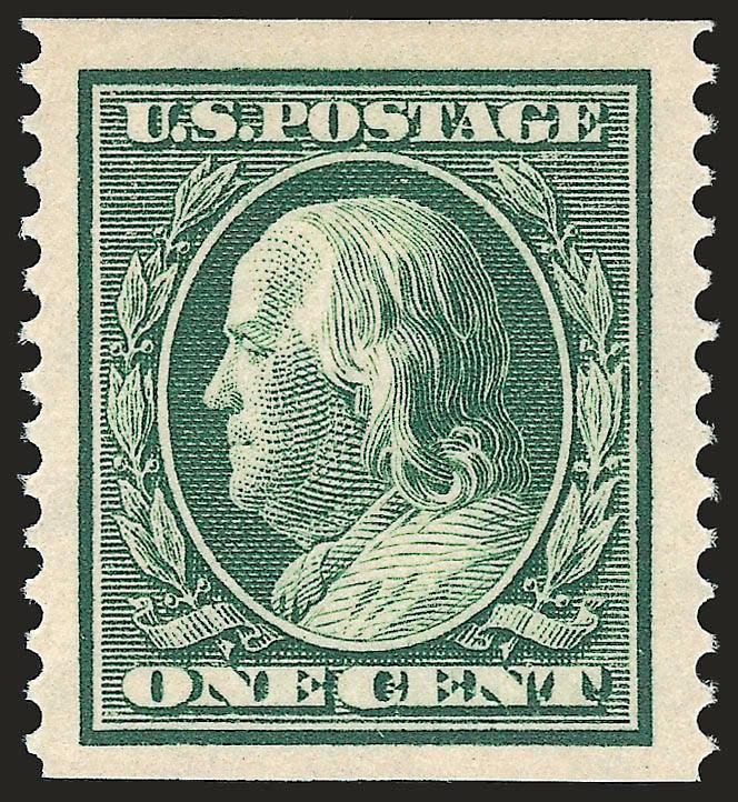 1c Green, Coil (387).> Mint N.H., intense shade and proof-like impression on bright paper, choice centering with Jumbo margins<><>^EXTREMELY FINE GEM. A BEAUTIFUL MINT NEVER-HINGED EXAMPLE OF THE ONE-CENT COIL,
SCOTT 387.^<><>With 1999 P.F. and 2
