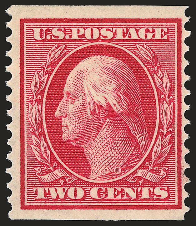 2c Carmine, Coil (388).> Mint N.H., bright color on fresh paper, three extra wide margins<><>^VERY FINE. A RARE MINT NEVER-HINGED EXAMPLE OF THE 2-CENT 1910 PERF 12 COIL.^<><>As an indication of rarity, we have
only offered four other singles, on