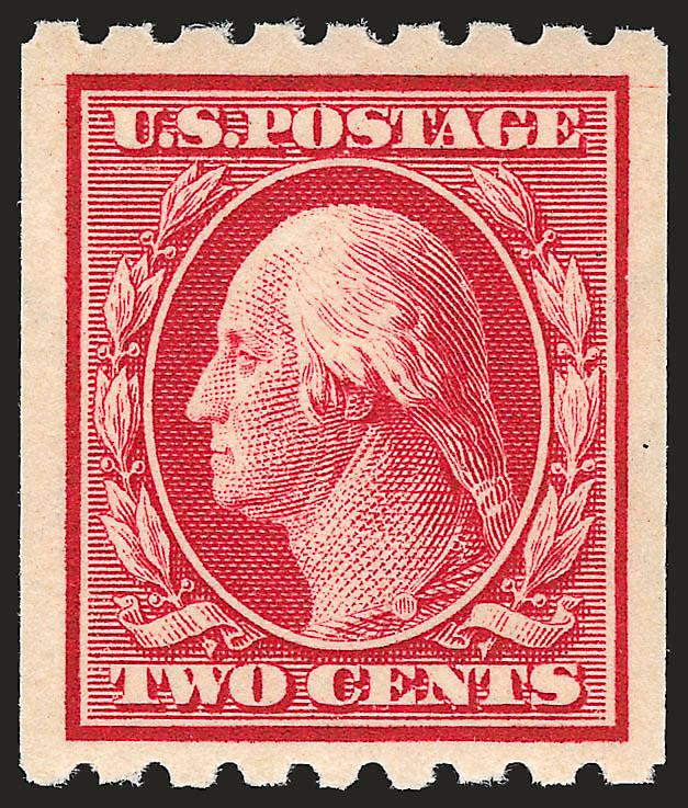 2c Carmine, Coil (391).> Mint N.H., brilliant color, beautiful centering, Extremely Fine Gem, with copy of 1996 P.F. certificate for strip of six