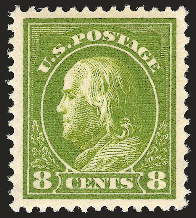 8c Pale Olive Green (414).> Mint N.H., pretty shade on bright paper, unusually choice centering, fresh and Extremely Fine, a beautiful stamp, with 1989 and 2003 P.F. and 2007 P.S.E. certificates (XF-Superb 95
SMQ $1,200.00)
