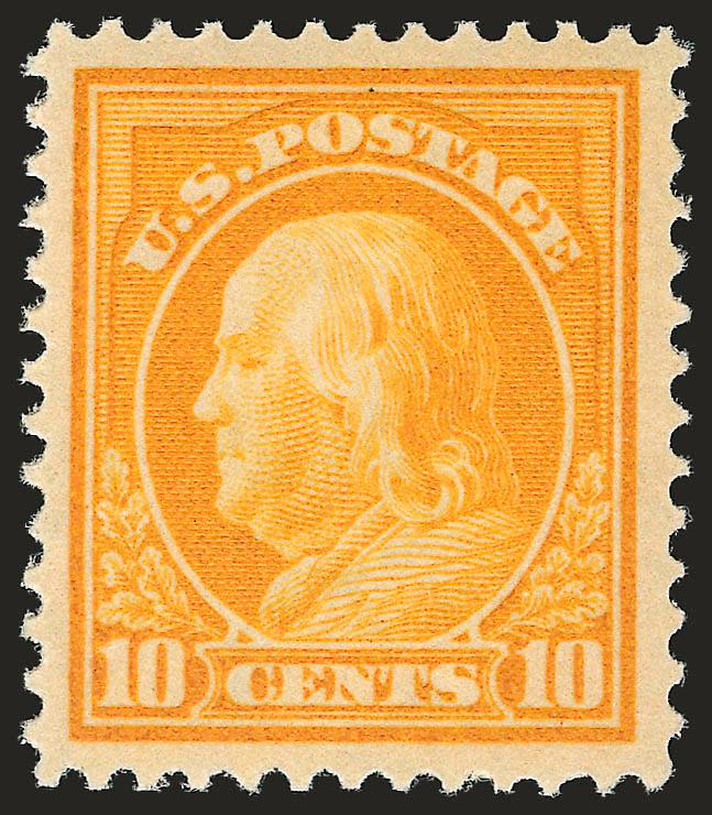 10c Orange Yellow (416).> Mint N.H., vivid color as fresh as the day it was printed, well-balanced margins, fresh and Extremely Fine, with 2003 P.F. and 2007 P.S.E. certificates (XF 90 SMQ $355.00)