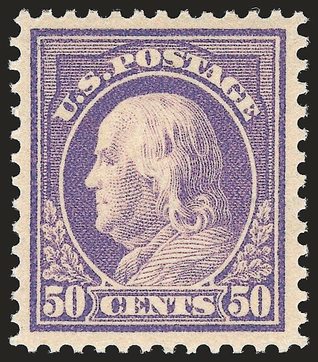 50c Violet (422).> Mint N.H., remarkable centering, brilliant color on bright paper<><>^EXTREMELY FINE. A GORGEOUS MINT NEVER-HINGED EXAMPLE OF THE 1912 50-CENT FRANKLIN ON DOUBLE-LINE WATERMARKED
PAPER.^<><>According to Johl (Vol. 1, page 203),
