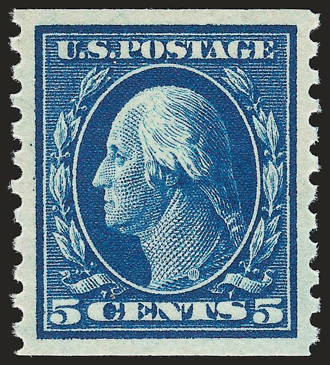 5c Blue, Coil (447).> Mint N.H., intense shade and proof-like impression on bright paper, perfectly centered with wide and balanced margins, Extremely Fine Gem, a superb stamp in every respect, with 1995 P.F.
and 2007 P.S.E. certificates (Superb 98