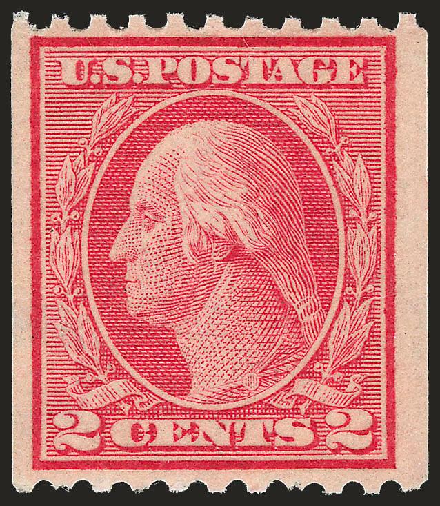 2c Red, Ty. I, Coil (449).> Mint N.H., brilliant color and detailed impression.<><>^VERY FINE AND CHOICE. A RARE MINT NEVER-HINGED EXAMPLE OF THE 1915 TYPE I VERTICAL COIL.^<><>Type I rotary press stamps were
produced using the same master dies a