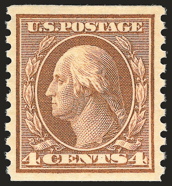 4c Brown, Coil (457).> Mint N.H., bright shade, choice centering with well-proportioned margins, tiny natural gum skips not mentioned on accompanying certificates, fresh and Extremely Fine, with 2002 P.F. and
2007 P.S.E. certificates (XF 90 SMQ $110