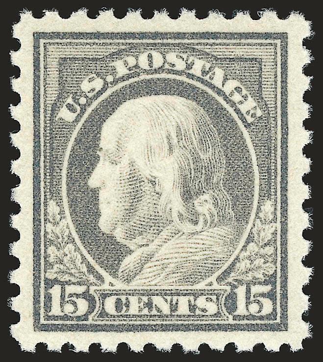 15c Gray (475).> Mint N.H., brilliant color on post-office fresh paper, perfectly centered with wide and balanced margins<><>^EXTREMELY FINE GEM. A MAGNIFICENT MINT NEVER-HINGED EXAMPLE OF THE 1916 15-CENT PERF
10 UNWATERMARKED ISSUE, WHICH HAS ACH