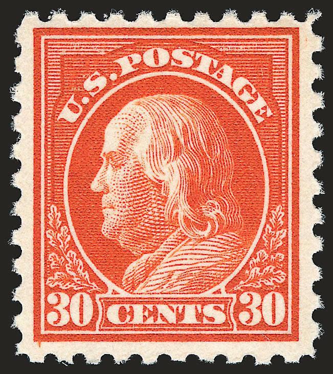 30c Orange Red, Perf 10 (476A).>  Position 62 from Plate No. 6911, Mint N.H., vivid color on post-office fresh paper<><>^FRESH AND VERY FINE. AN OUTSTANDING EXAMPLE OF THE VERY RARE 30-CENT PERF 10
WASHINGTON-FRANKLIN ON UNWATERMARKED PAPER.^<><>