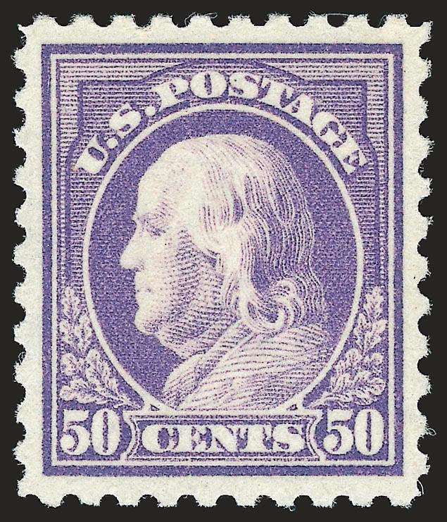 50c Light Violet (477).> Mint N.H., brilliant color on post-office fresh paper, choice centering with wide and balanced margins<><>^EXTREMELY FINE GEM. A SUPERB MINT NEVER-HINGED EXAMPLE OF THE 50-CENT PERF 10
FRANKLIN ISSUE ON UNWATERMARKED PAPER,
