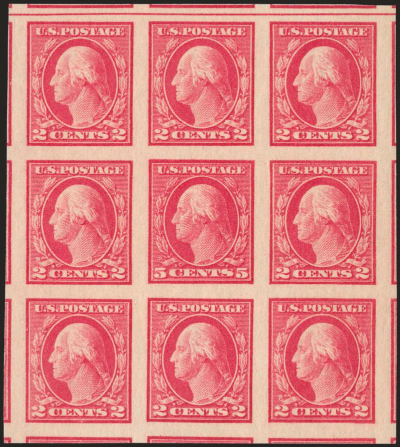 5c Carmine, Imperforate, Error (485).> Single error in block of nine, all stamps Mint N.H., large margins, showing part of all sixteen adjoining stamps, brilliant color<><>^EXTREMELY FINE GEM. A SUPERB MINT
NEVER-HINGED BLOCK OF NINE CONTAINING THE